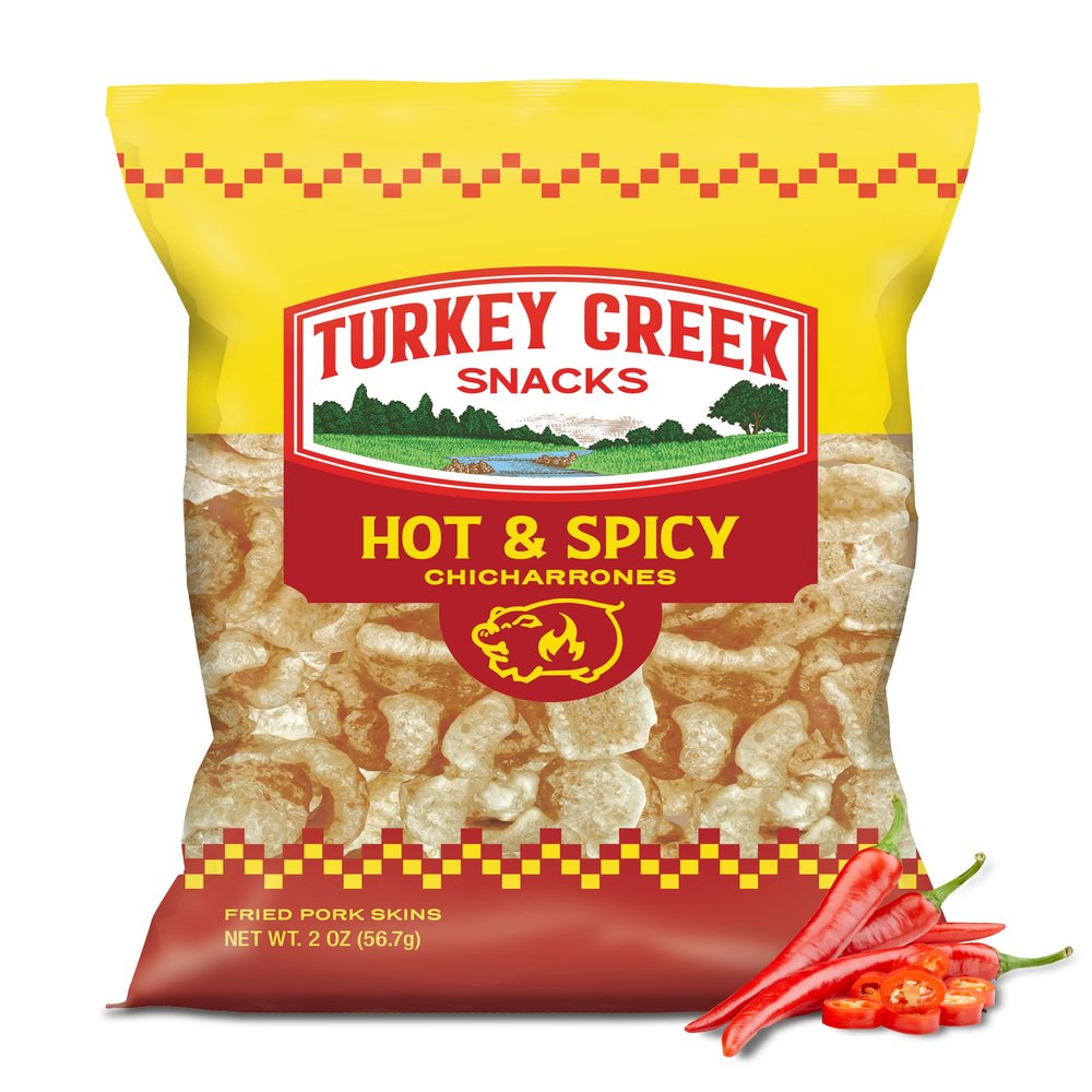 Turkey Creek Hot & Spicy Chicharrones, Fried Pork Rinds - Spicy Flavored Pork Skins - Low Carb, Gluten-Free, Protein Snack - 2oz (Pack of 12)