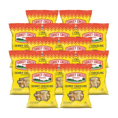 Turkey Creek - Americas Best Fried Pork Skins, offers a 12 bag case of its Original Skinny Cracklins. These Crunchy Pork Skin Chips (Chicharrones) are packed in full 2.0 oz bags.
