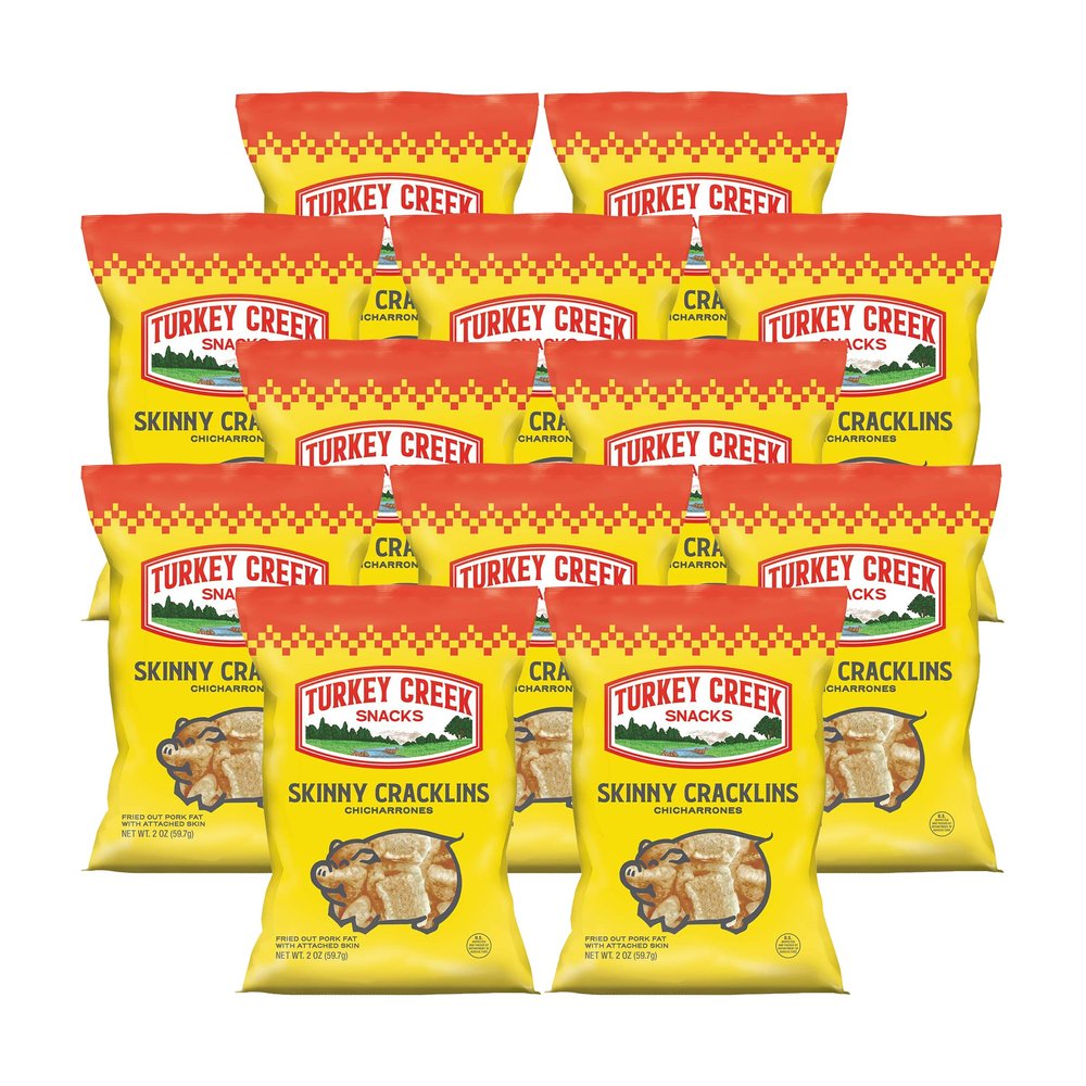 Turkey Creek - Americas Best Fried Pork Skins, offers a 12 bag case of its Original Skinny Cracklins. These Crunchy Pork Skin Chips (Chicharrones) are packed in full 2.0 oz bags.