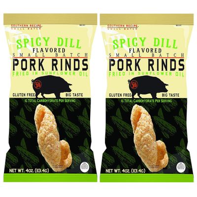 Spicy Dill Pork Rinds | Southern Recipe Small Batch | Keto Friendly, Gluten Free, Low Carb Food | 7g Collagen Per Serving | High Protein | 4 Oz Bag (Pack of 2)