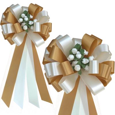 Ivory and Gold Wedding Pull Bows with Tulle Tails and Rosebuds - 8" Wide, Set of 6, Pew Bows, Christmas, Anniversary, Reception, Birthday, Fundraiser