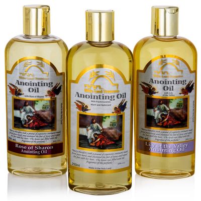 3 Bottle Set of Holy Land Treasures Anointing Oils, Biblical Oils with Lily of the Valleys, Rose of Sharon, Frankincense, Myrrh, and Spikenard, Anointing Oils from the Holy Land. 8.45 fl.oz | 250 ml
