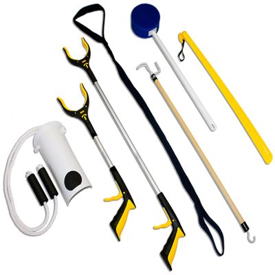 RMS Premium 7-Piece Hip & Knee Kit with Leg Lifter, 19 & 32 Reachers, Sock Aid, Dressing Stick, Bath Sponge & Shoe Horn Long-Term Orthopedic Aids for Chronic Hip, Knee & Mobility Limitations