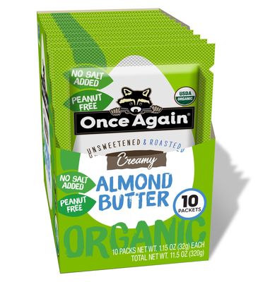 Once Again Organic Almond Butter Packets, Roasted - Individual Nut Butter Packets for Snacks, Travel, Lunches - Single Serve Squeeze Packs - Vegan, Non-GMO, Gluten Free - 1.15 Ounce Packs, 10 Count