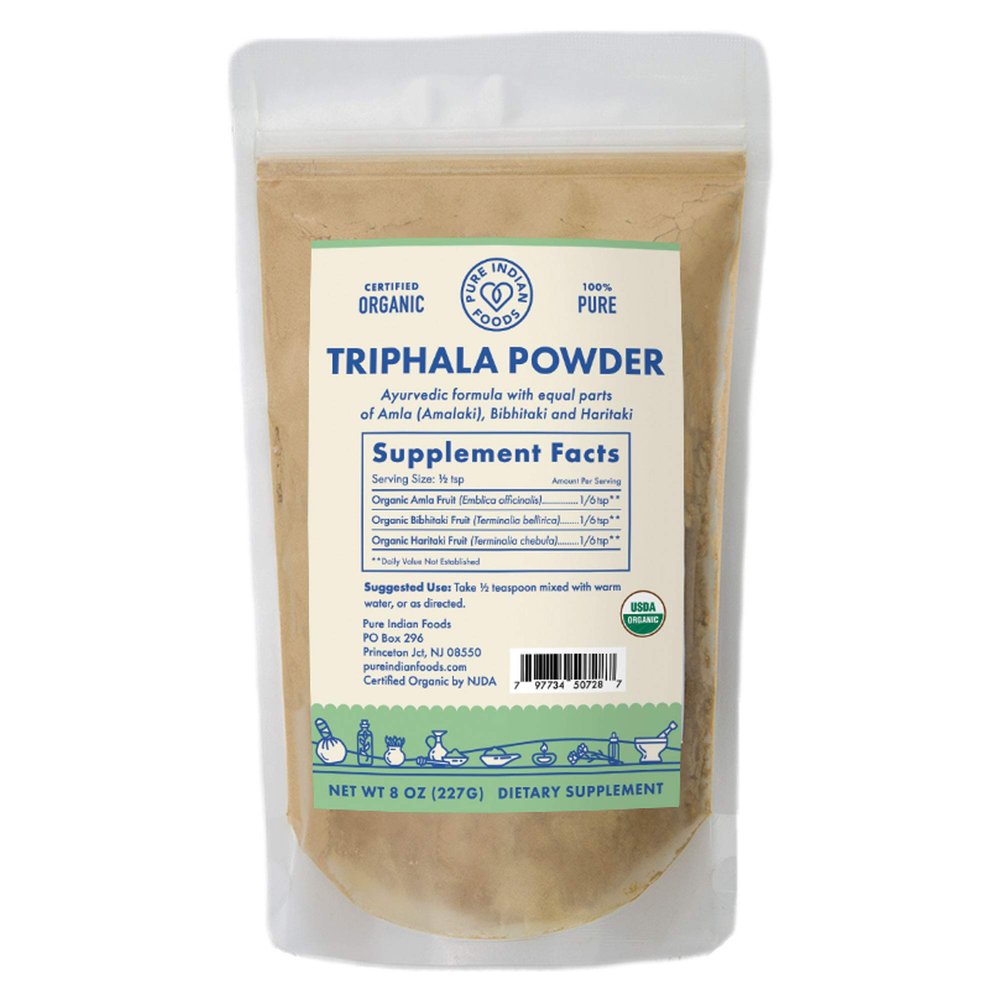 Pure Indian Foods Organic Triphala Powder, 8 oz in Resealable Bulk Bag, Non-GMO, Gluten-Free, Non-Irradiated, Dietary Supplement