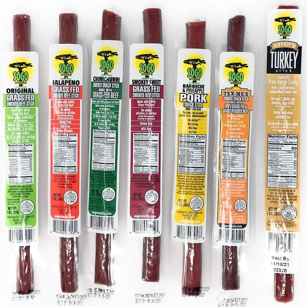 7 Flavor Variety Meat Sticks. No Added Nitrates, Gluten, Soy, MSG, Dairy, Nuts. 5 Grass-fed Beef Flavors, 1 Free-range Turkey Flavor & 1 Natural Pork Flavor (2 of Each, 14-cnt, 1-oz Stick)