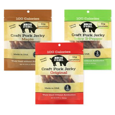 Big Fork Craft Pork Jerky Variety Pack 3 Flavors to Try (Original, Maple, Spicy 3-Pepper) | Bacon-Inspired, Small-Batch Jerky | 100% Berkshire Pork | Keto, Paleo, Gluten-Free | 3 Bags (2.25 oz Each)