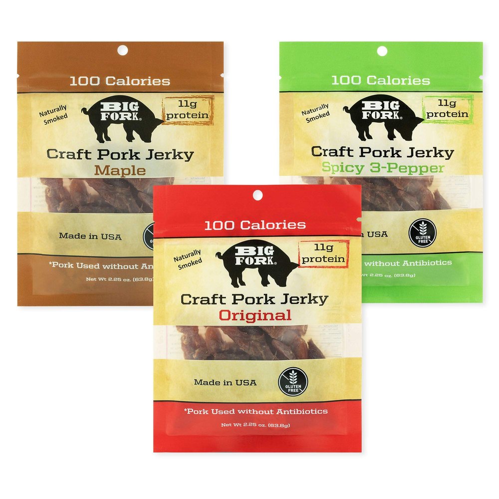 Big Fork Craft Pork Jerky Variety Pack  3 Flavors to Try (Original, Maple, Spicy 3-Pepper) | Bacon-Inspired, Small-Batch Jerky | 100% Berkshire Pork | Keto, Paleo, Gluten-Free | 3 Bags (2.25 oz Each)