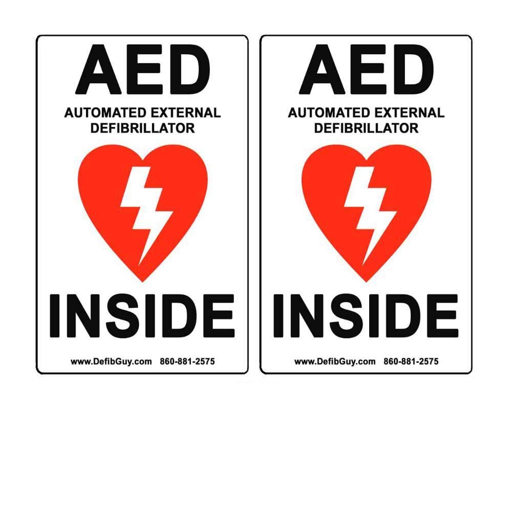 2-Pack 4" Width x 6" Height, Vinyl, Red and Black on White Weatherproof AED Label,"AED Automated External Defibrillator Inside" by Defib Guy