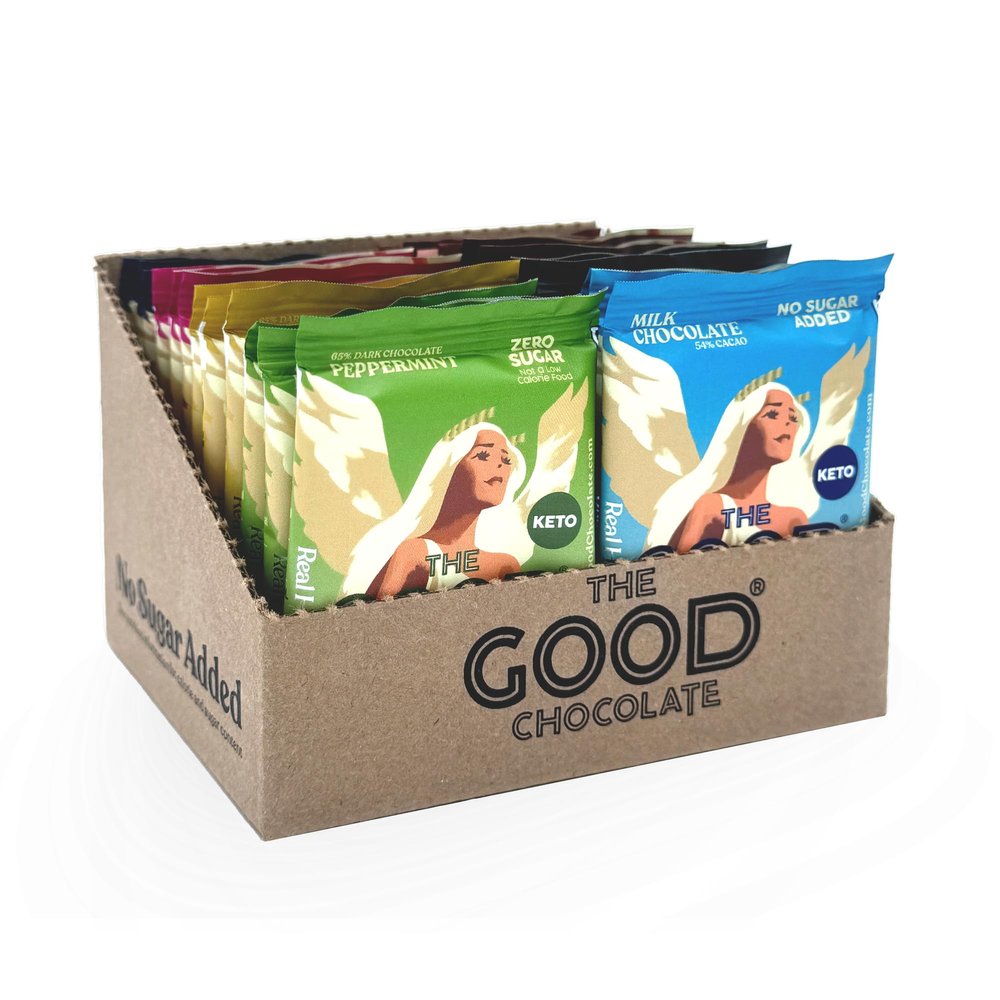 The Good Chocolate - Keto Chocolate Variety Pack, Zero Sugar, Lower Net Carb Snack, Lower Calorie Chocolate Candy Variety Pack, 6 Flavors, 24 Square Family Pack