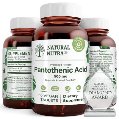 Natural Nutra Time Release Pantothenic Acid 500 mg, Vitamin B5 Supplement Helps Break Down Fat and Carbohydrates, Metabolism and Energy, Improve Muscle Health, Reduce Skin Spots, 60 Vegetarian Tablets