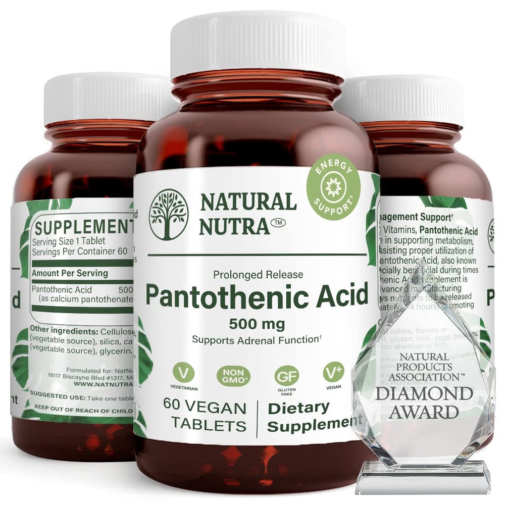 Natural Nutra Time Release Pantothenic Acid 500 mg, Vitamin B5 Supplement Helps Break Down Fat and Carbohydrates, Metabolism and Energy, Improve Muscle Health, Reduce Skin Spots, 60 Vegetarian Tablets