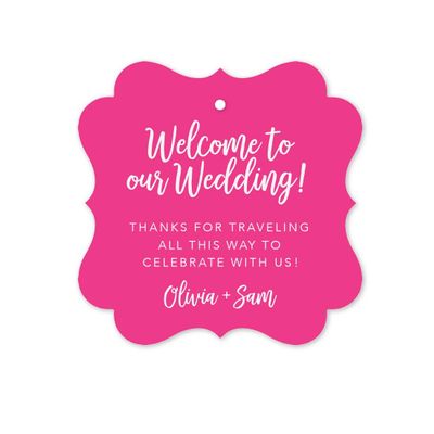 Andaz Press Personalized Out of Town Bags Fancy Frame Gift Tags, Welcome to Our Wedding Thanks for Traveling to Celebrate with Us, Fuchsia, 24-Pack, Custom for Destination OOT Gable Boxes