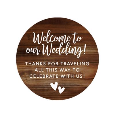 Andaz Press Out of Town Bags Round Circle Gift Labels Stickers, Welcome to Our Wedding Thanks for Traveling to Celebrate with Us, Rustic Wood, 40-Pack, for Destination OOT Gable Boxes
