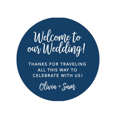 Andaz Press Personalized Out of Town Bags Round Circle Gift Labels Stickers, Welcome to Our Wedding Thanks for Traveling to Celebrate with Us, Navy Blue, 40-Pack, Custom for Destination OOT
