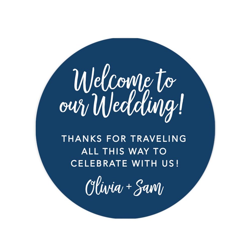 Andaz Press Personalized Out of Town Bags Round Circle Gift Labels Stickers, Welcome to Our Wedding Thanks for Traveling to Celebrate with Us, Navy Blue, 40-Pack, Custom for Destination OOT