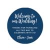 Andaz Press Personalized Out of Town Bags Round Circle Gift Labels Stickers, Welcome to Our Wedding Thanks for Traveling to Celebrate with Us, Navy Blue, 40-Pack, Custom for Destination OOT view 1