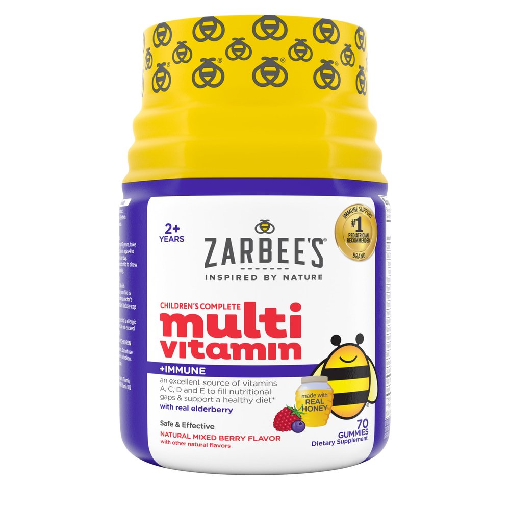 Zarbees Complete Kids Multivitamin Gummies + Immune Support, Berry Flavor, Honey-Sweetened, Gluten-Free & Gelatin-Free, Vitamins A, C, D3, E, B6, B12, Folic Acid & B-Complex, 70 Count