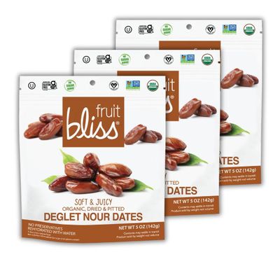 Fruit Bliss Deglet Nour Pitted Dates  Soft & Juicy Organic, Dried & Pitted Deglet Nour Dates - Organic Fruit Snacks, Dried Fruit Snacks Resealable Pouches, Gluten-Free Vegan Snacks (3 Pack 5oz Each)