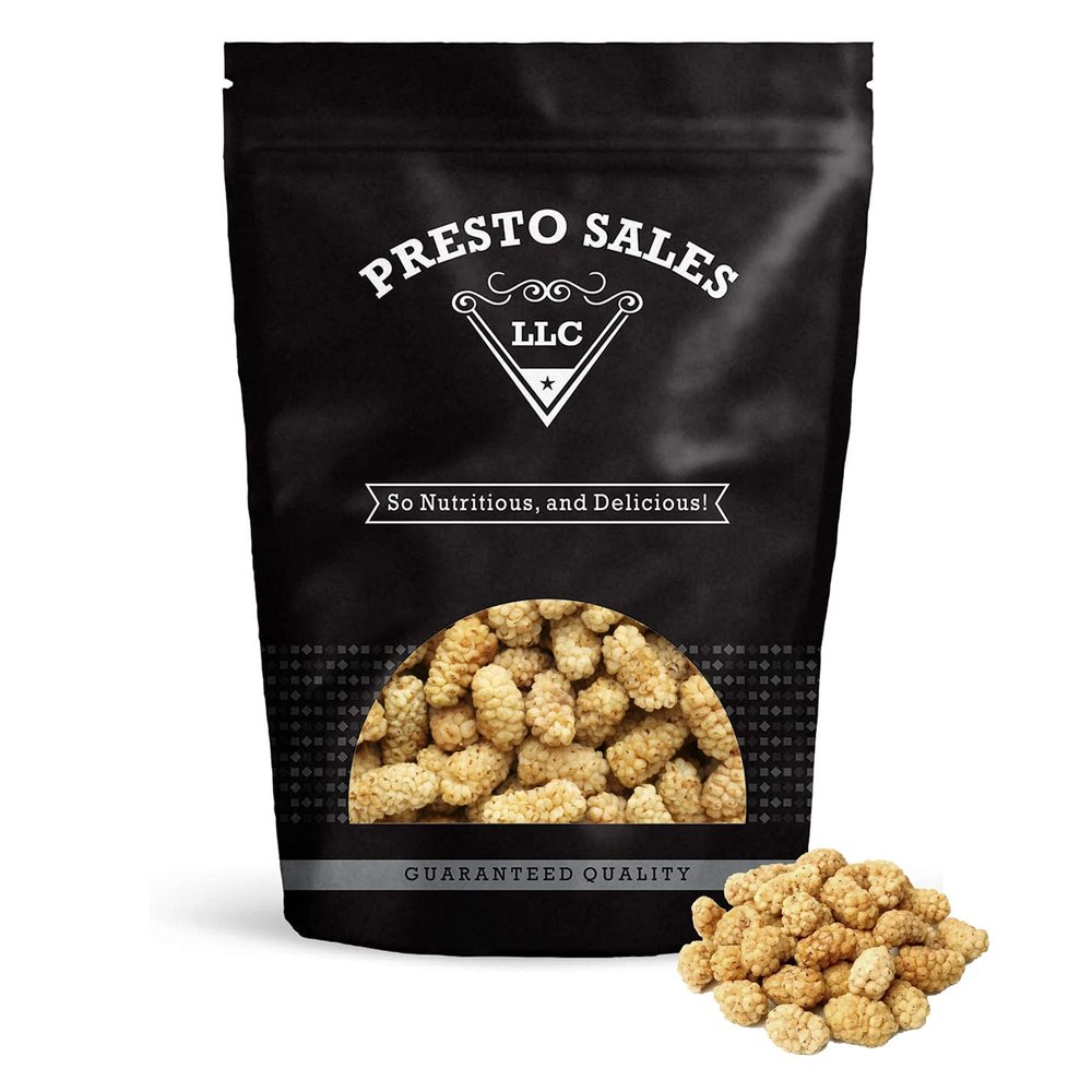 Mulberries, "FRESH" Sun Dried White, No sugar added, Low Sugar #1 Snack, Immense Nutrition, 100% Natural, Deliciousness, Turkish, Packed in a resealable 5 lbs. (80 oz.) pouch bag by Presto Sales LLC