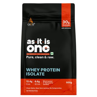 AS-IT-IS Nutrition Whey Protein Isolate 90% - 500 Gms/17.6 Oz | Protein 27g & Bcaa 5.9g Per Serving Unflavoured Cross-flow Microfiltered Natural Zero Fat, Zero Sugar