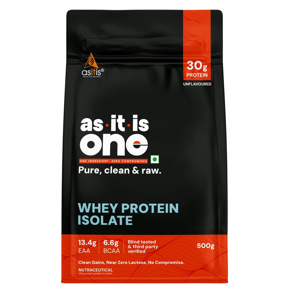 AS-IT-IS Nutrition Whey Protein Isolate 90% - 500 Gms/17.6 Oz | Protein 27g & Bcaa 5.9g Per Serving Unflavoured Cross-flow Microfiltered Natural Zero Fat, Zero Sugar