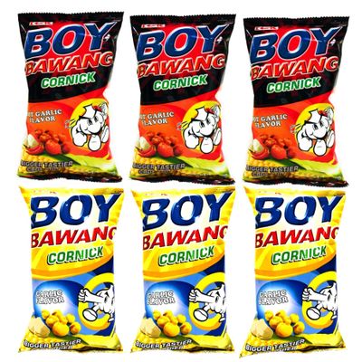 Boy Bawang Cornick Garlic and Boy Bawang Cornick Hot Garlic Bundle, 3.54 oz, 3 packs each flavor, total 6 counts