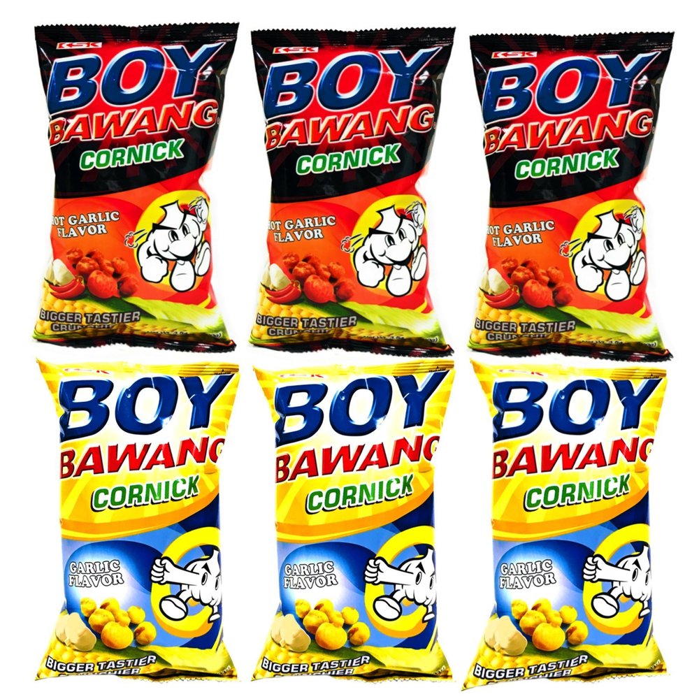 Boy Bawang Cornick Garlic and Boy Bawang Cornick Hot Garlic Bundle, 3.54 oz, 3 packs each flavor, total 6 counts