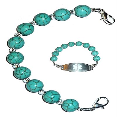 Hidden Hollow Beads Women's Beaded 6.5 or 5.5 inch Medical Alert ID Interchangeable Replacement Bracelet, Identification Vital (6.5 inches Turquoise)