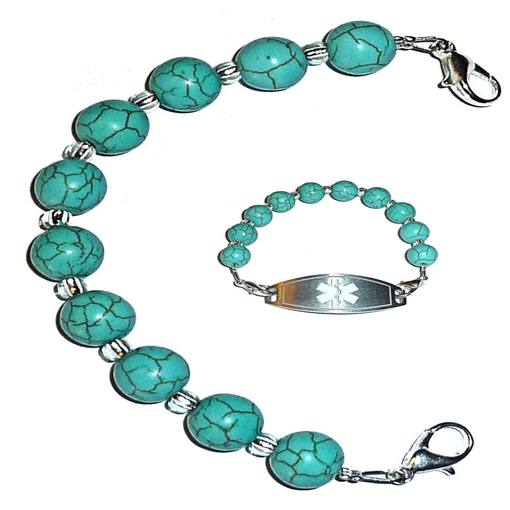 Hidden Hollow Beads Women's Beaded 6.5 or 5.5 inch Medical Alert ID Interchangeable Replacement Bracelet, Identification Vital (6.5 inches Turquoise)