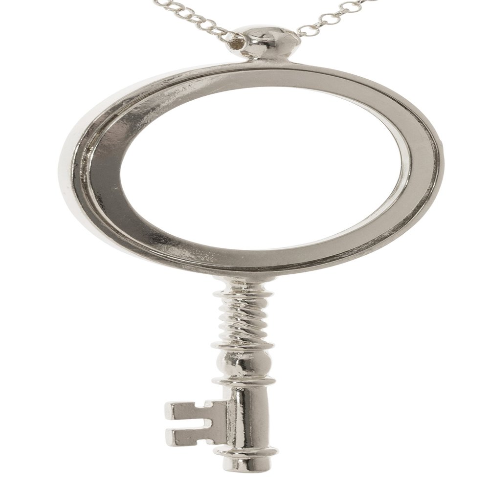 Antique Key 4x Magnifying Glass Pendant Necklace with 30" Chain (Silver Tone)