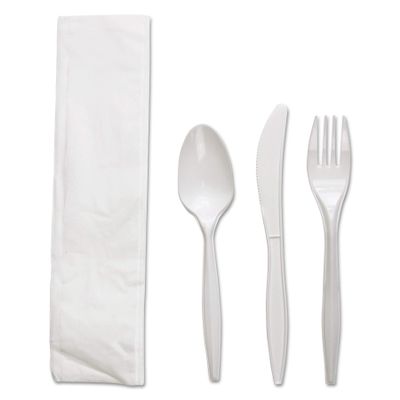 Boardwalk FKTNMWPPWH Four-Piece Cutlery Kit, Fork/Knife/Napkin/Teaspoon, White, Polypropylene, 250/Ct