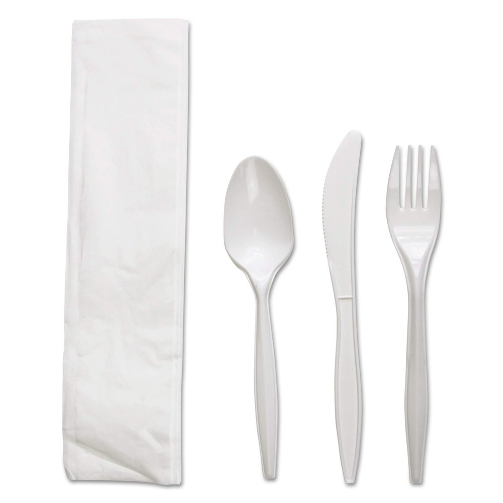 Boardwalk FKTNMWPPWH Four-Piece Cutlery Kit, Fork/Knife/Napkin/Teaspoon, White, Polypropylene, 250/Ct