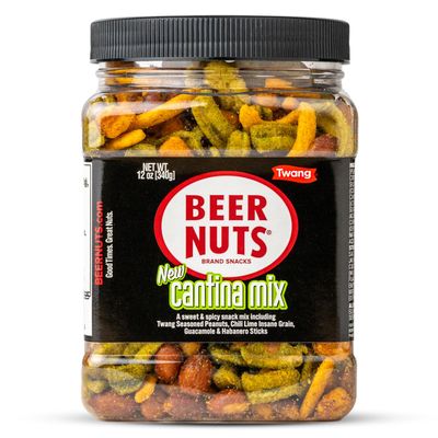 BEER NUTS Cantina Mix with Twang, Twang Seasoned Peanuts, Chili Lime Insane Grain, Guacamole & Habanero Sticks, Resealable Jar (12oz)