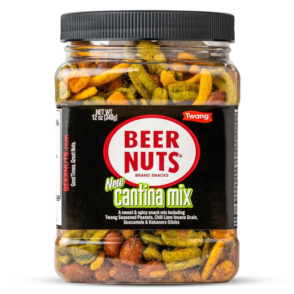 BEER NUTS Cantina Mix with Twang, Twang Seasoned Peanuts, Chili Lime Insane Grain, Guacamole & Habanero Sticks, Resealable Jar (12oz)