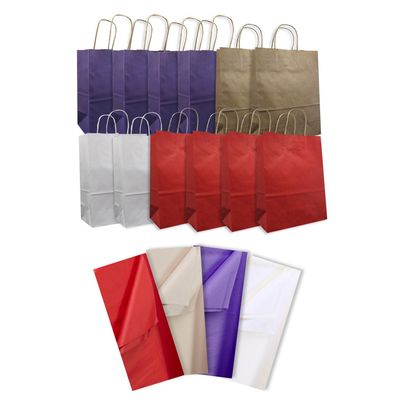 JILLSON & ROBERTS 12-Count Large Kraft Bags with Tissue Solid Color Assortment, Purple/Red/Natural/White