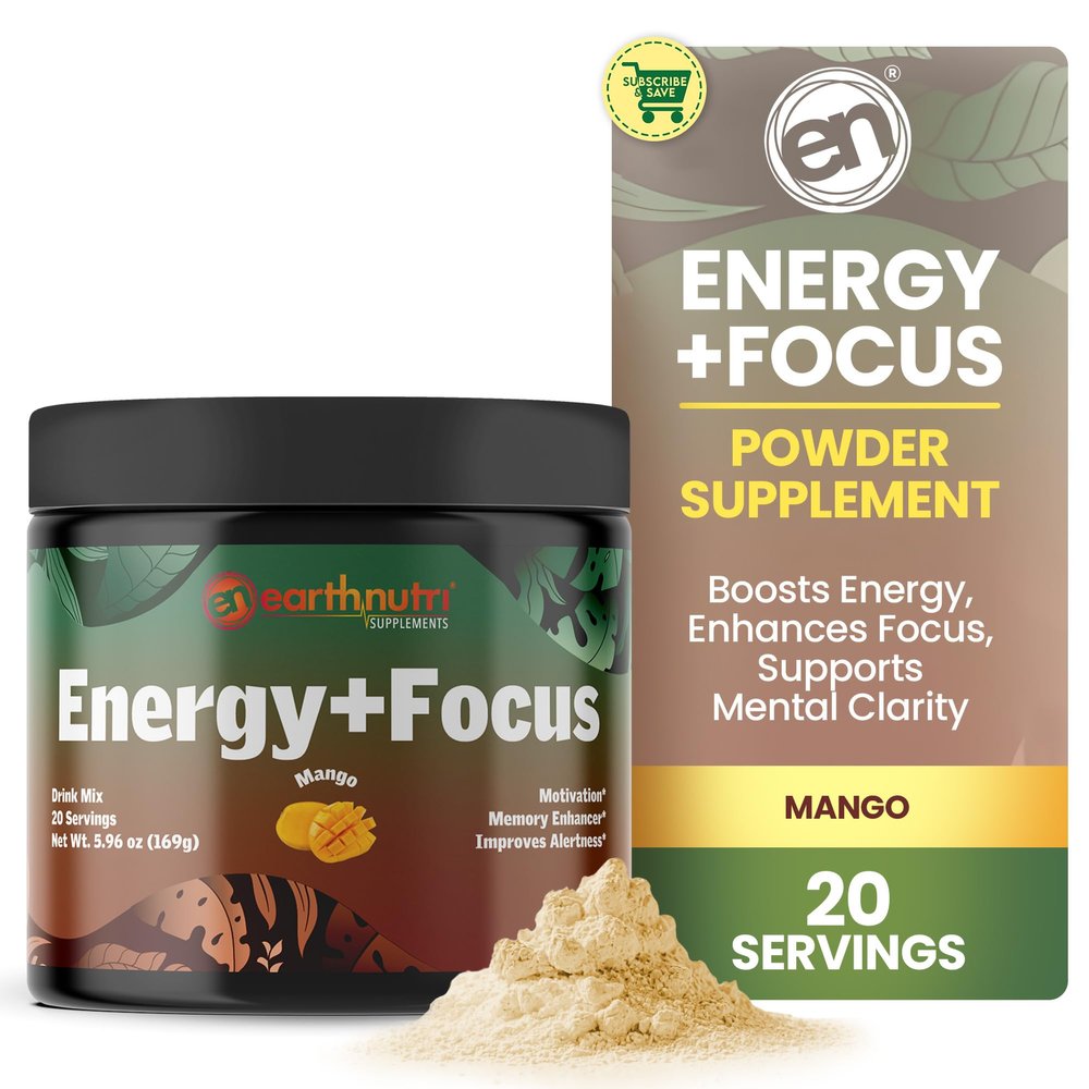 EarthNutri Energy + Focus Powder Supplement - Energy Boost & Memory Supplements - with PeakO2, AlphaSize, Cognizin, PurCaf, Theacrine, Acetyl L-Carnitine L-Tyrosine  Mango Flavor - 20 Servings (171g)