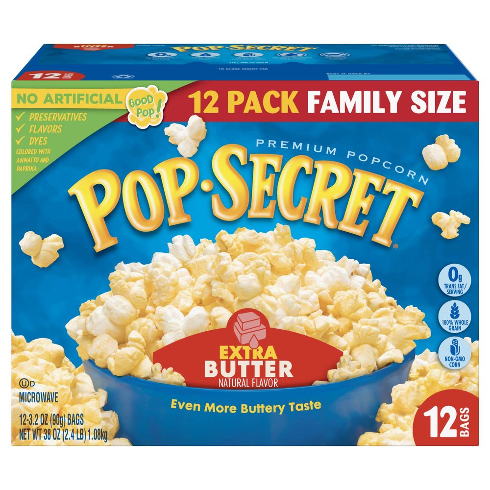 Pop Secret Popcorn, Extra Butter, 3.2 Ounce Microwave Bags, 12 Count Boxes (Pack of 4)