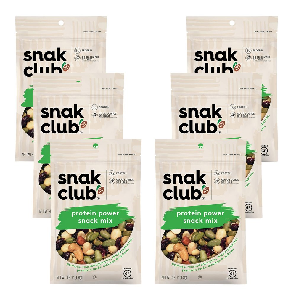 Snak Club Protein Power Snack Mix with Peanuts, Roasted Edamame, Dried Cranberries, Pumpkin Seeds, Almonds, and Cashews, Gluten-Free and Kosher Trail Mix Snacks, 4.2 oz Resealable Bags, 6 Pack