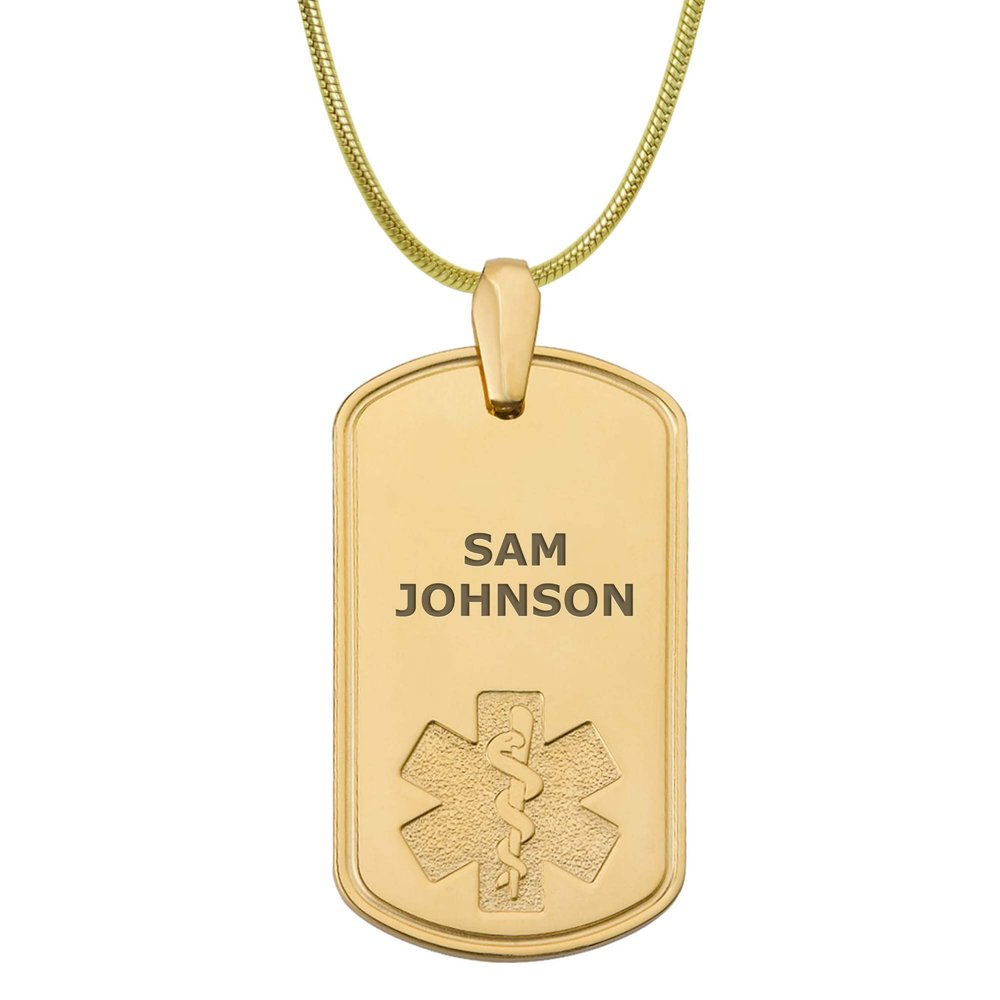 Divoti Pure Titanium Medical Alert Necklace for Men, Custom Engraved Deluxe Dog Tag Medical ID Necklace -PVD Gold/Snake Chain 24'