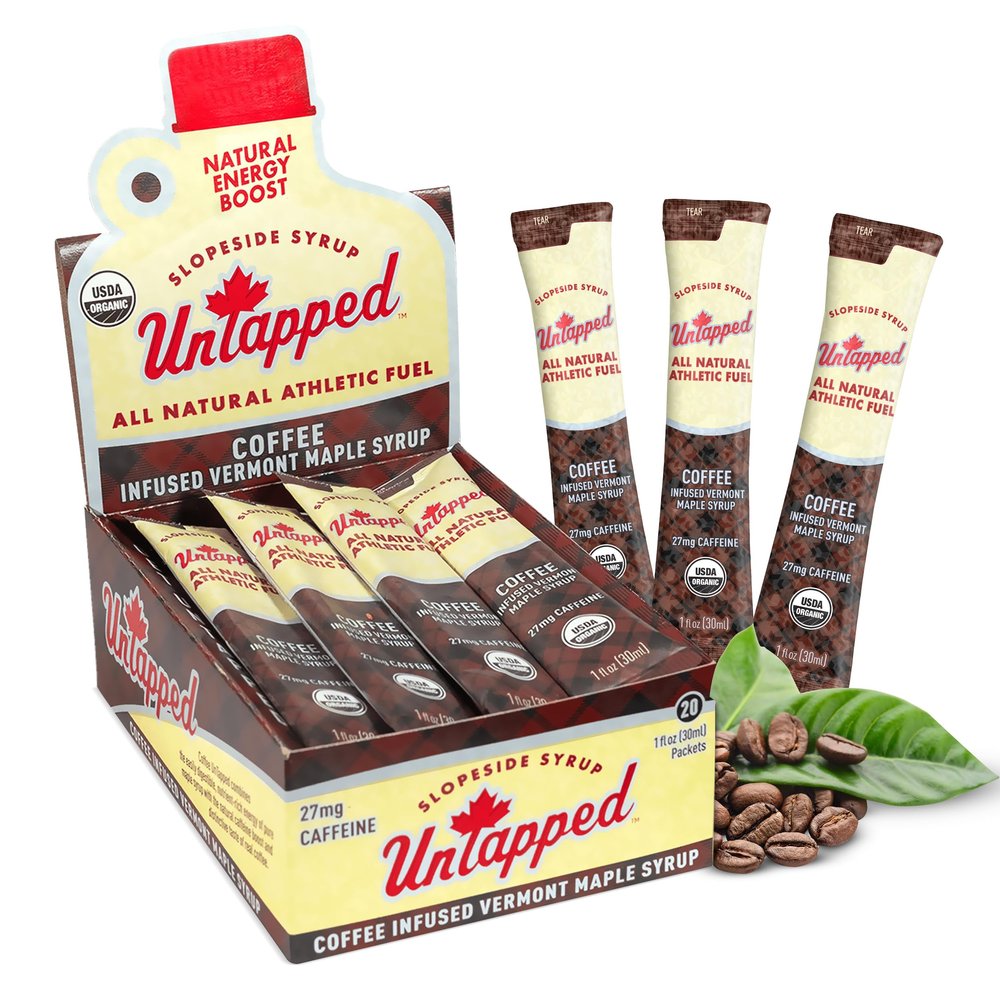 UnTapped Coffee Infused Vermont Maple Syrup Packets for Athletes, Box of 20-1 fl oz | Pure Maple Syrup with Organic Coffee for Natural Endurance Energy | Fuel to Keep You Running Longer
