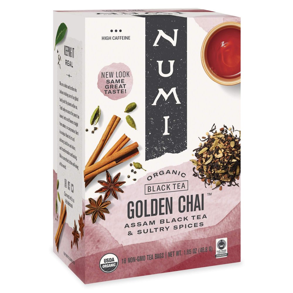 Numi Organic Tea Golden Chai, 18 Count Box of Tea Bags (Pack of 6) Black Tea