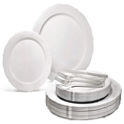 " OCCASIONS " 150 Piece set (25 Guests) Vintage Wedding Party Disposable Dinnerware Set Plastic Plates 10.25'', 7.5'' + Silverware w/double fork (Portofino Plain White)