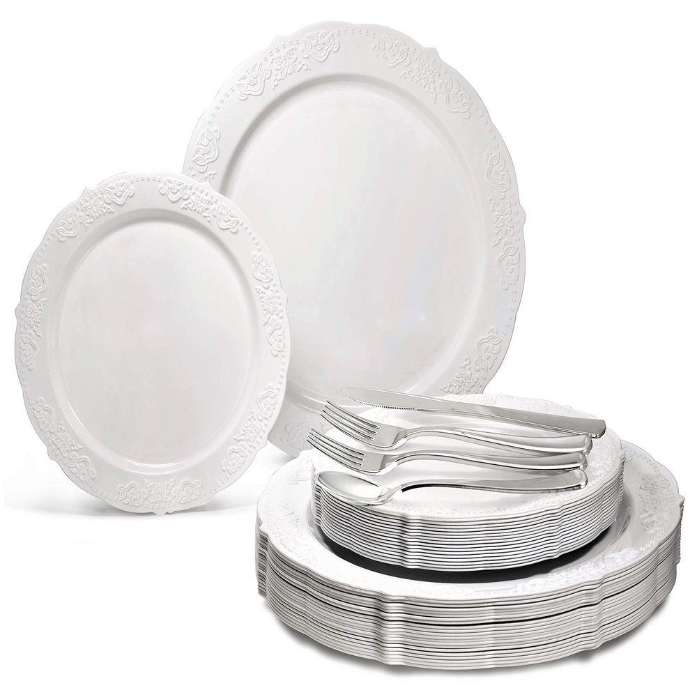 " OCCASIONS " 150 Piece set (25 Guests) Vintage Wedding Party Disposable Dinnerware Set Plastic Plates 10.25'', 7.5'' + Silverware w/double fork (Portofino Plain White)