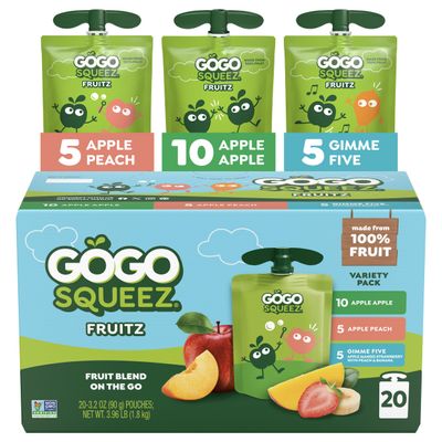 GoGo squeeZ Applesauce and Fruit Puree Variety Pack, Apple, Peach & Gimme Five!, 3.2 oz (Pack of 20), Unsweetened Fruit Snacks for Kids, Gluten Free, Nut Free, BPA Free Pouches (Packaging May Vary)
