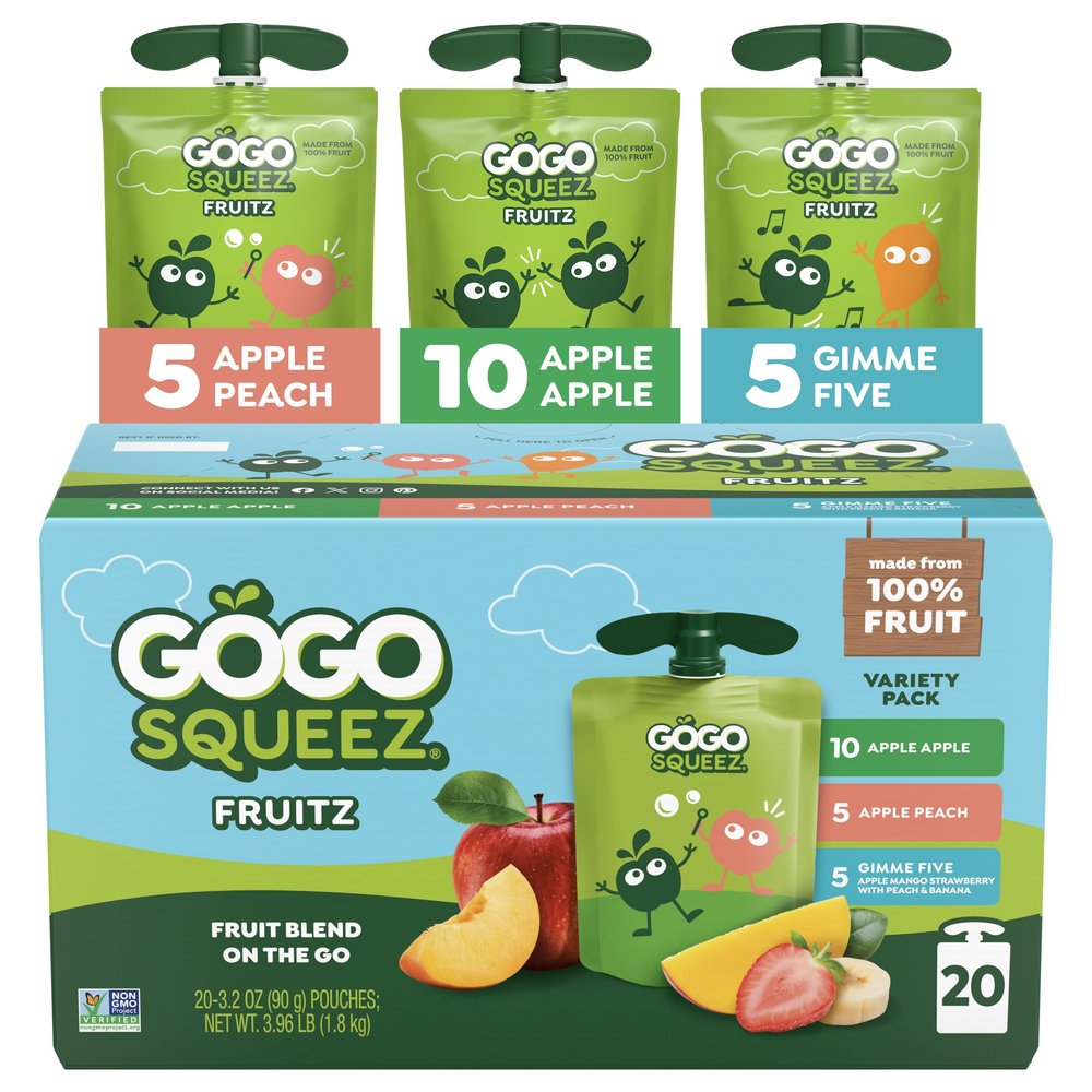 GoGo squeeZ Applesauce and Fruit Puree Variety Pack, Apple, Peach & Gimme Five!, 3.2 oz (Pack of 20), Unsweetened Fruit Snacks for Kids, Gluten Free, Nut Free, BPA Free Pouches (Packaging May Vary)