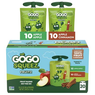 GoGo squeeZ Applesauce and Fruit Puree Variety Pack, Apple & Cinnamon, 3.2 oz (Pack of 20), Unsweetened Fruit Snacks for Kids, Gluten Free, Nut Free, BPA Free Pouches (Packaging May Vary)
