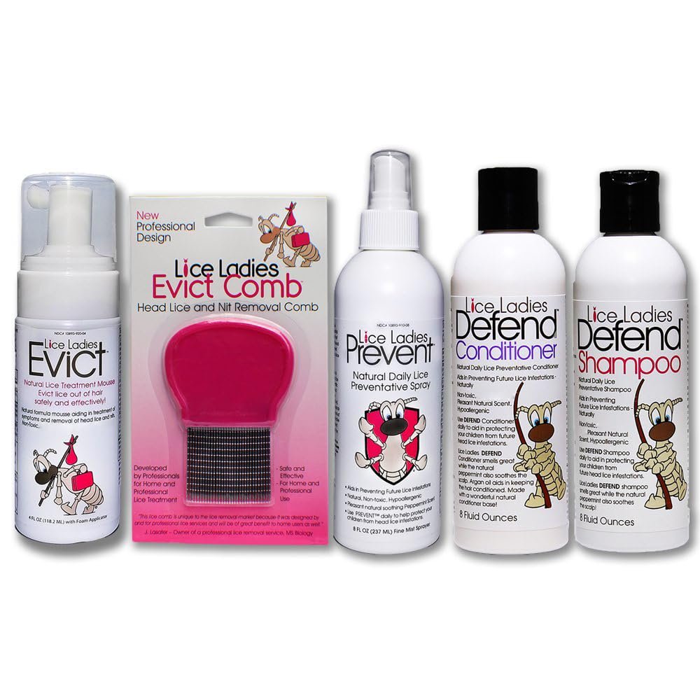 Lice Ladies All-in-One Kids Lice Treatment Kit  Complete 5pc Natural Lice Removal System - Eggs, Nits & Lice Clear - Include Mousse, Shampoo, Conditioner, Spray & Metal Nit Comb, Non-Toxic & Safe