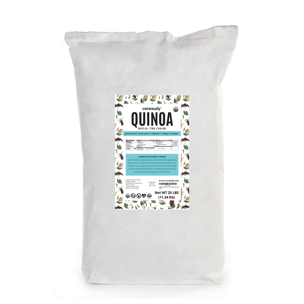 CEREAUSLY Organic Tri-Color Quinoa Premium Royal Quinoa from Bolivia Kosher and Non-GMO Quinoa Bulk Vegan and Gluten-Fee Cooking Quinoa 25 LB