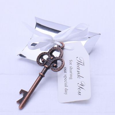 50pcs Wedding Favors Silver Candy Box w/Skeleton Key Bottle Openers Ribbon Escort Card Thank You Tag Pillow Box (Style #5)